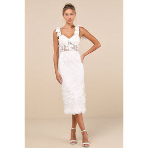 Lulus Exquisite Charisma White 3d Floral Bustier Tie-strap Midi Dress - Size M